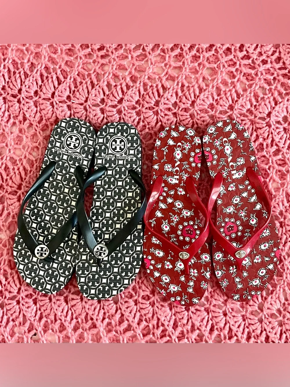 Tory Burch / Coach 2 pairs brand new  Black Logo & Red Floral Flip Flops